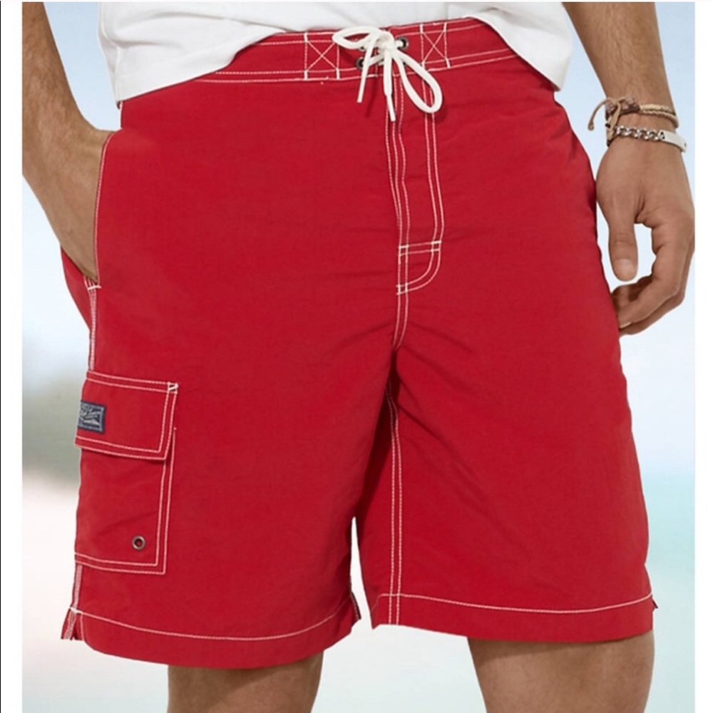 Polo by Ralph Lauren red and white swim shorts.